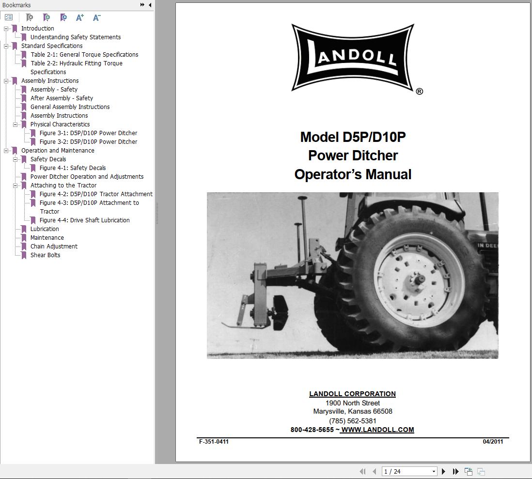 Landoll Power Ditcher D5P D10P Operator’s Manual F 351 0411