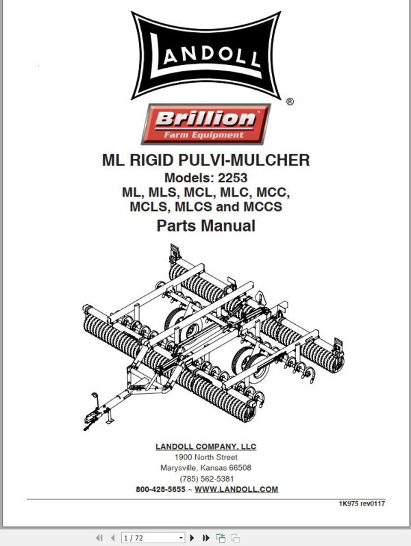 Landoll Rigid Pulvi Mulcher ML to 2553 ML Parts Manual 1K975rev0117A