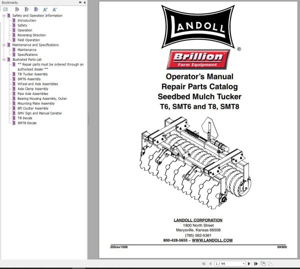 Landoll Seedbed Mulch Tucker T6 SMT6 T8 SMT8 Parts Operator’s Manual 6K600