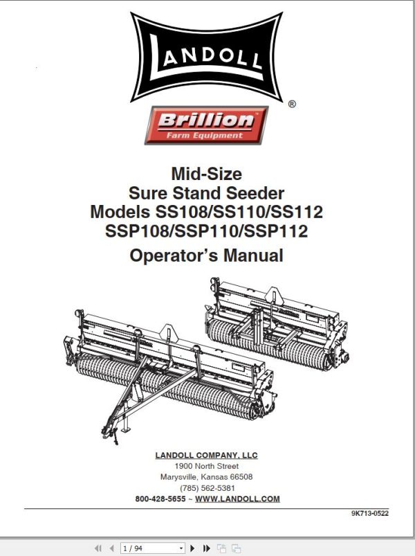 Landoll Sure Stand Seeder SS108 to SSP112 Mid Size Operator’s Manual 9K713 0522