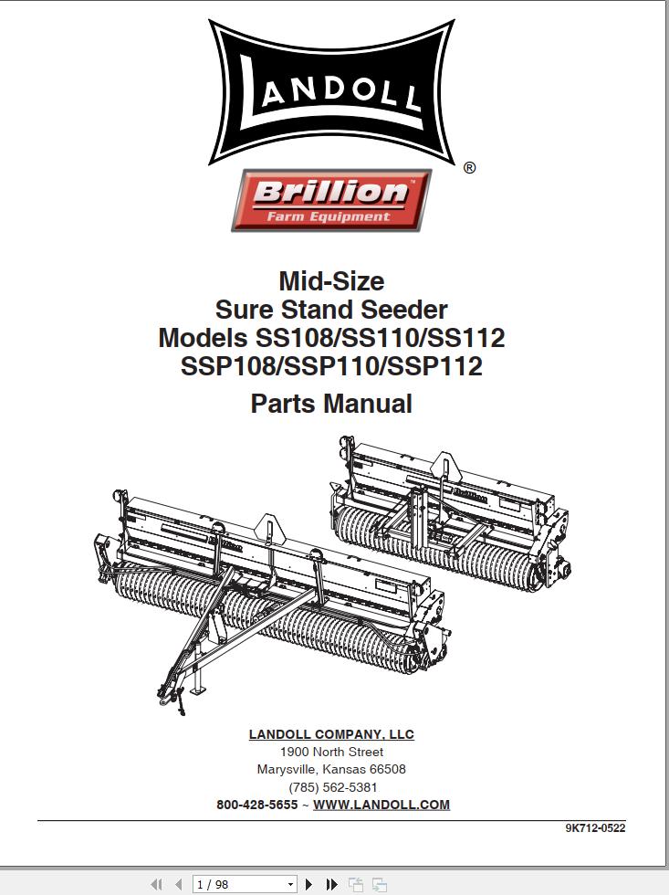 Landoll Sure Stand Seeder SS108 to SSP112 Mid Size Parts Manual 9K712 0522