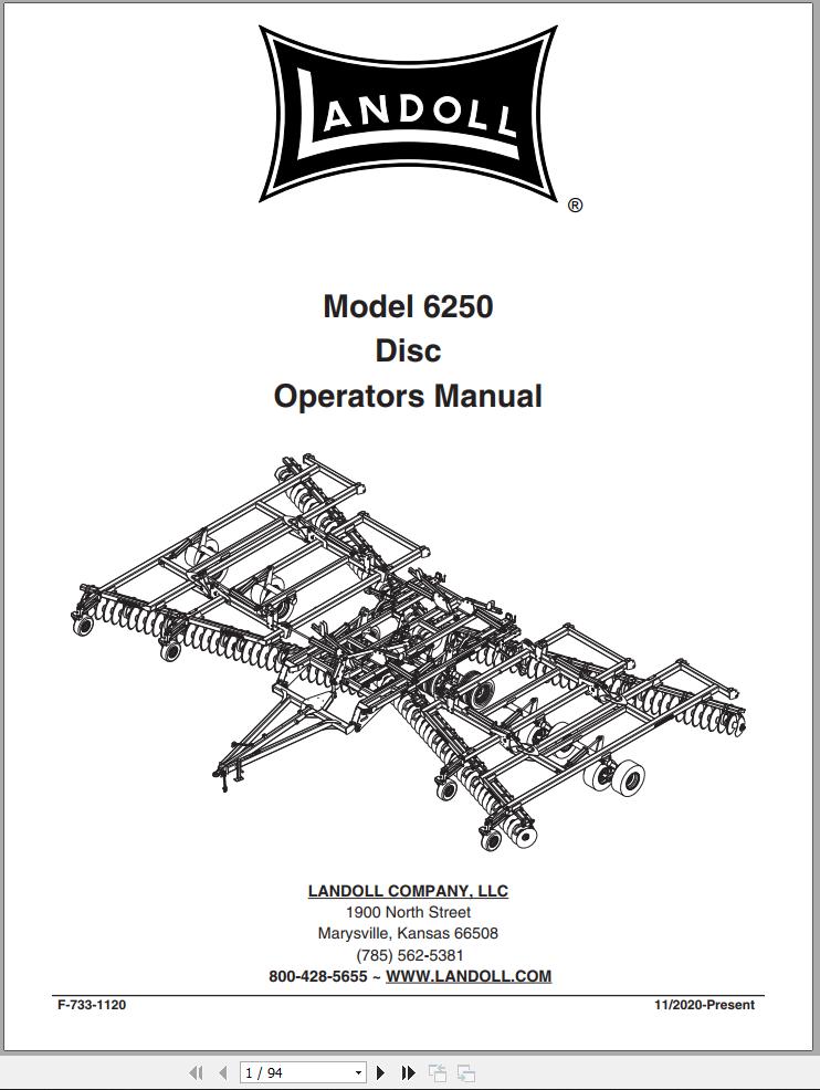 Landoll Tandem Disc Harrow 6250 Operator’s Manual F 733 1120