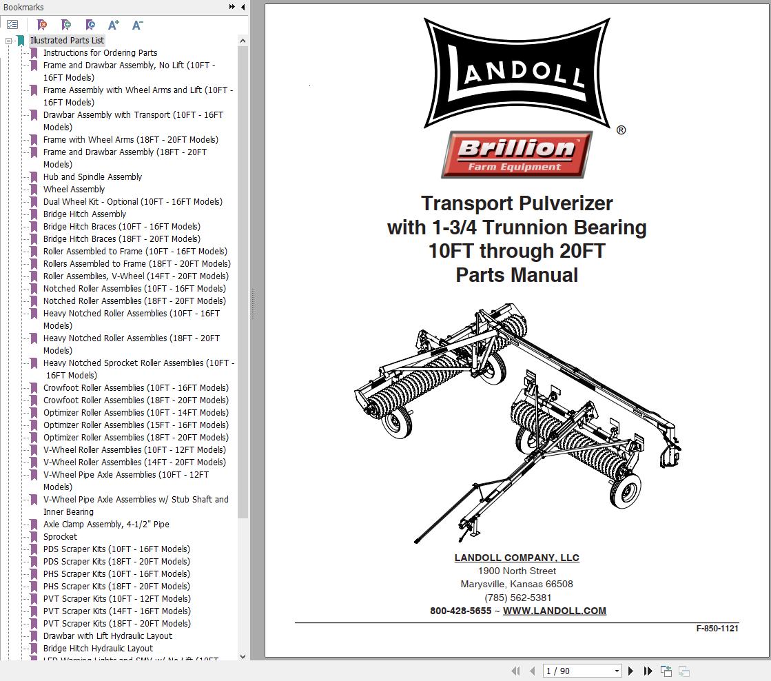 Landoll Transport Pulverizer 10FT Through 20FT Parts Manual F 850 1121