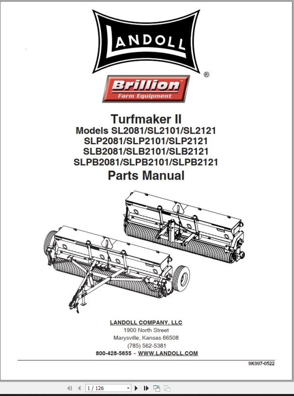Landoll Turfmaker II SL2081 To SLPB2121 Parts Manual 9K997 0522
