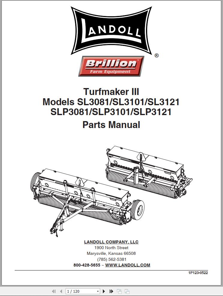 Landoll Turfmaker III SL3081 To SLP3121 Parts Manual 1P123 0522