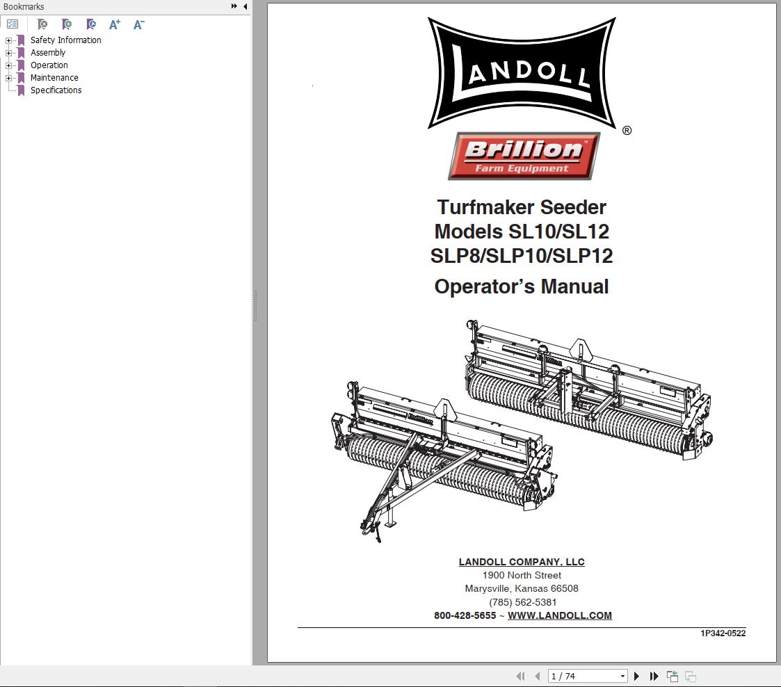 Landoll Turfmaker Seeder SL10 SL12 SLP8 SLP10 SLP12 Operator’s Manual 1P342 0522