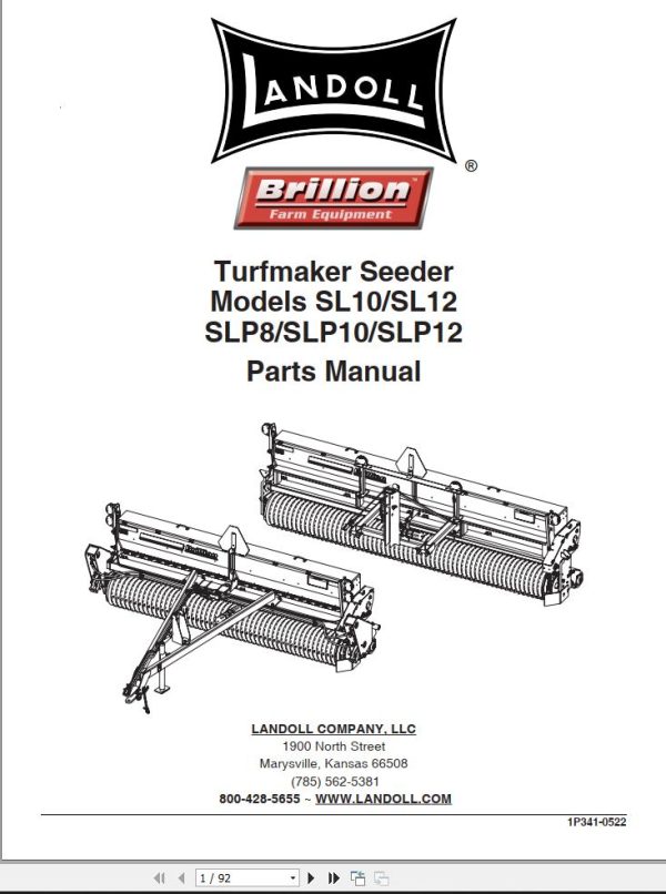 Landoll Turfmaker Seeder SL10 SL12 SLP8 SLP10 SLP12 Parts Manual 1P341 0522