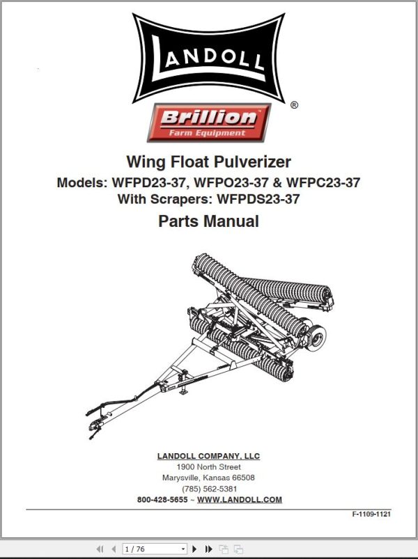 Landoll Wing Floating Pulverizer PWFPD23 37 WFPO23 37 WFPC23 37 Parts Manual F 1109 1121