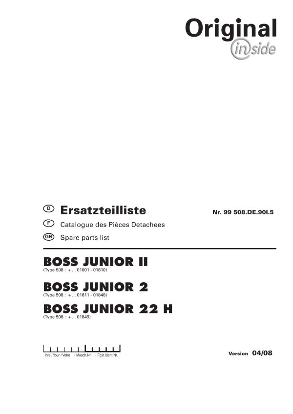 Pottinger Agricultural Boss Junior II 2 22H Parts Catalog