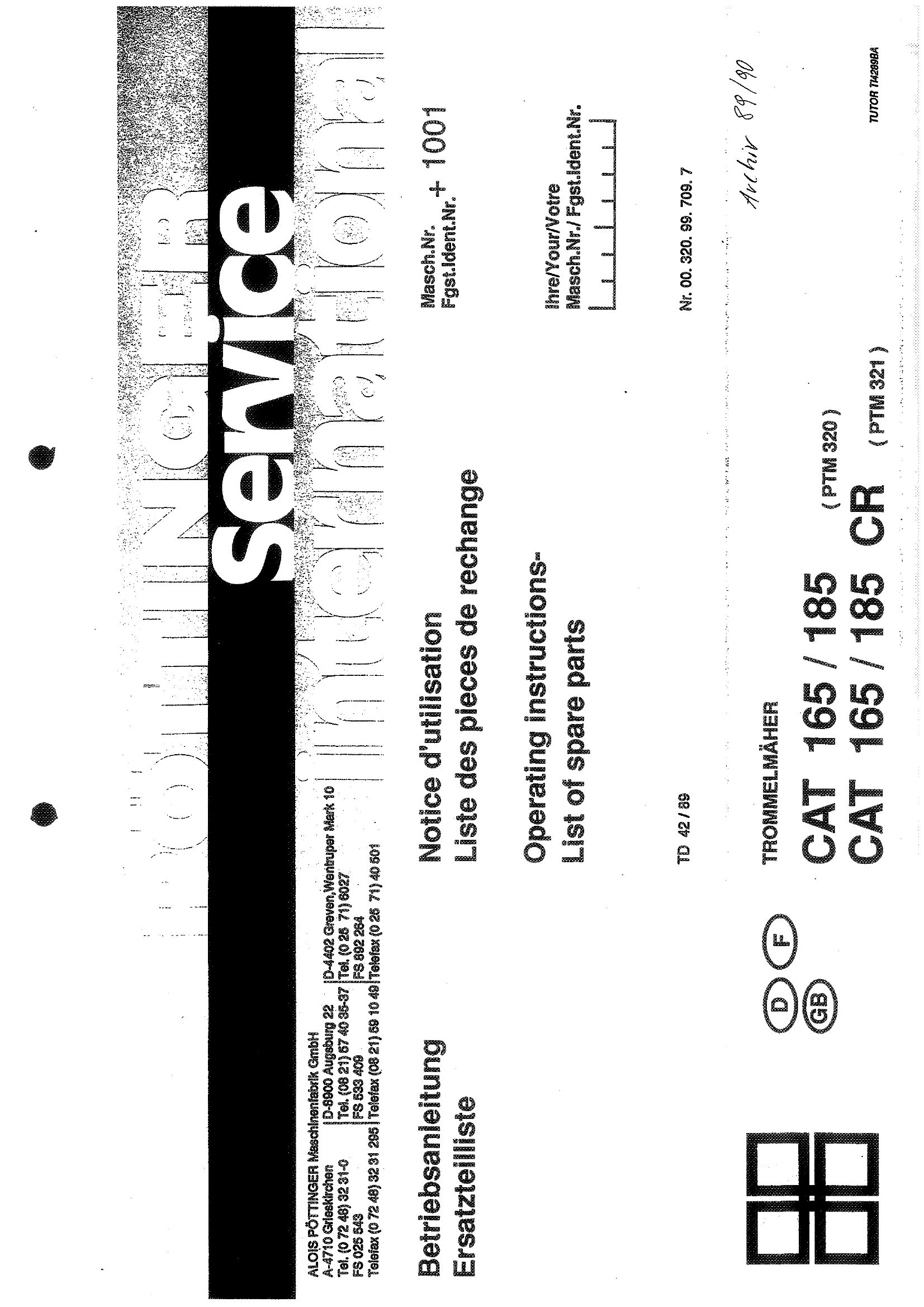 Pottinger Agricultural CAT 165 185 CR Parts Catalog
