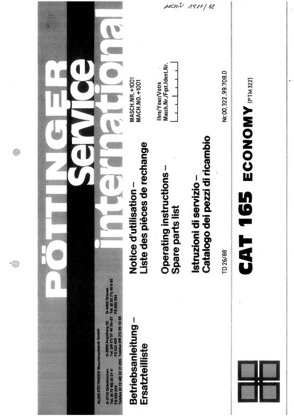 Pottinger Agricultural CAT 165 Economy Parts Catalog