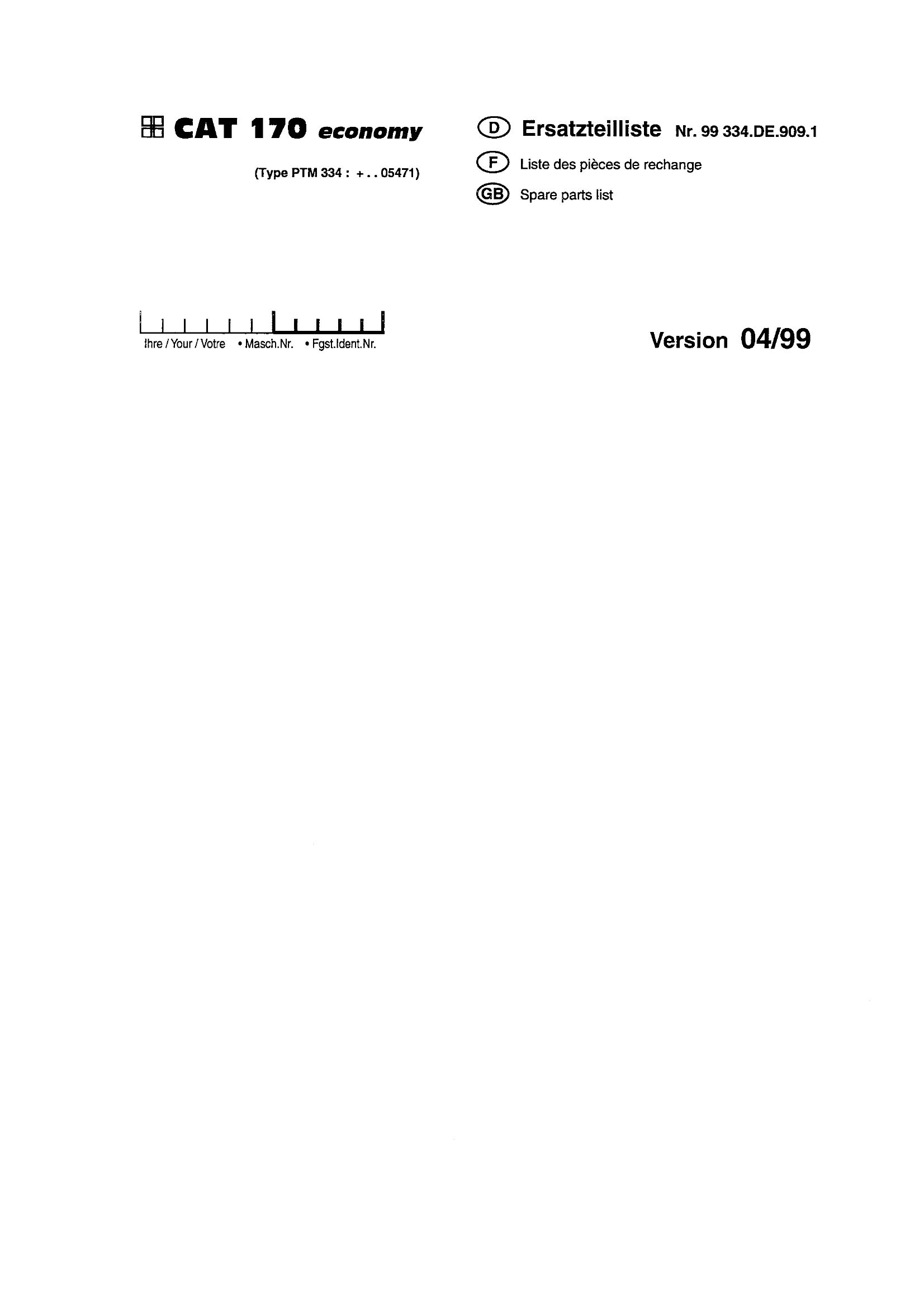 Pottinger Agricultural CAT 170 Economy Parts Catalog