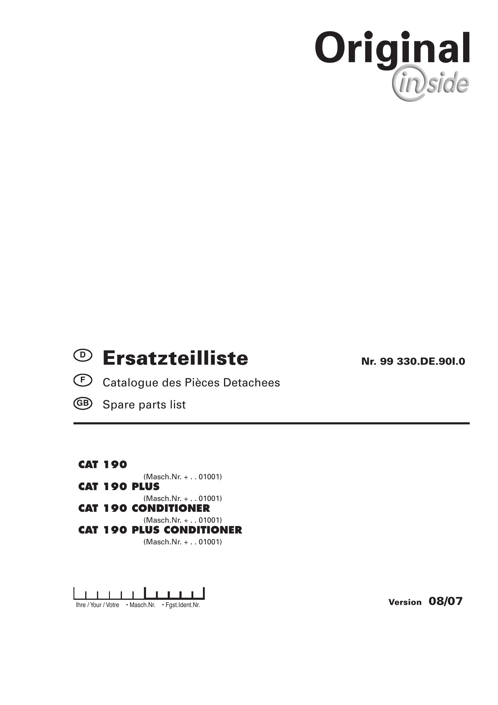 Pottinger Agricultural CAT 190 Plus Conditioner Parts Catalog