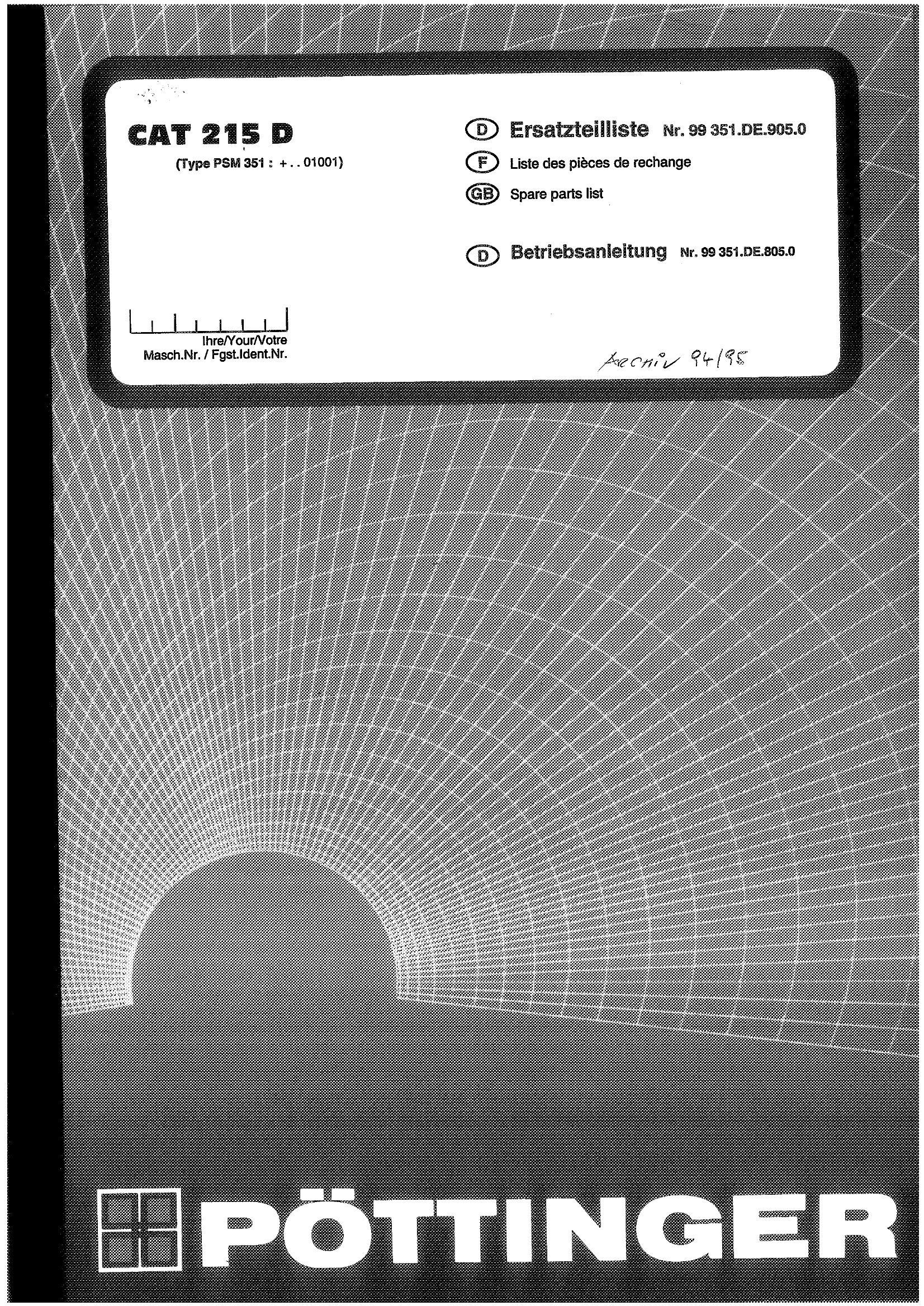 Pottinger Agricultural CAT 215 D Parts Catalog