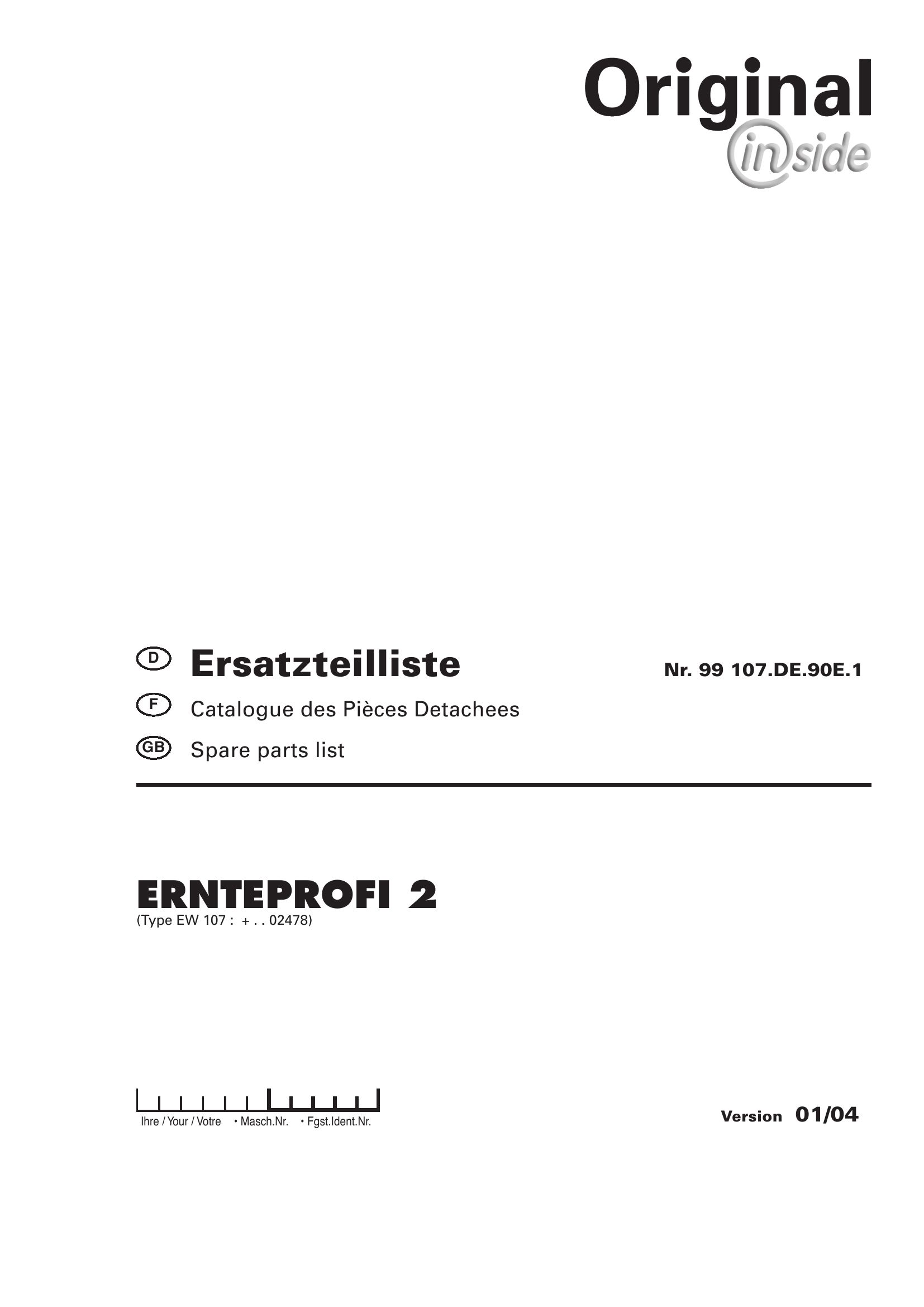 Pottinger Agricultural Ernteprofi 2 Parts Catalog