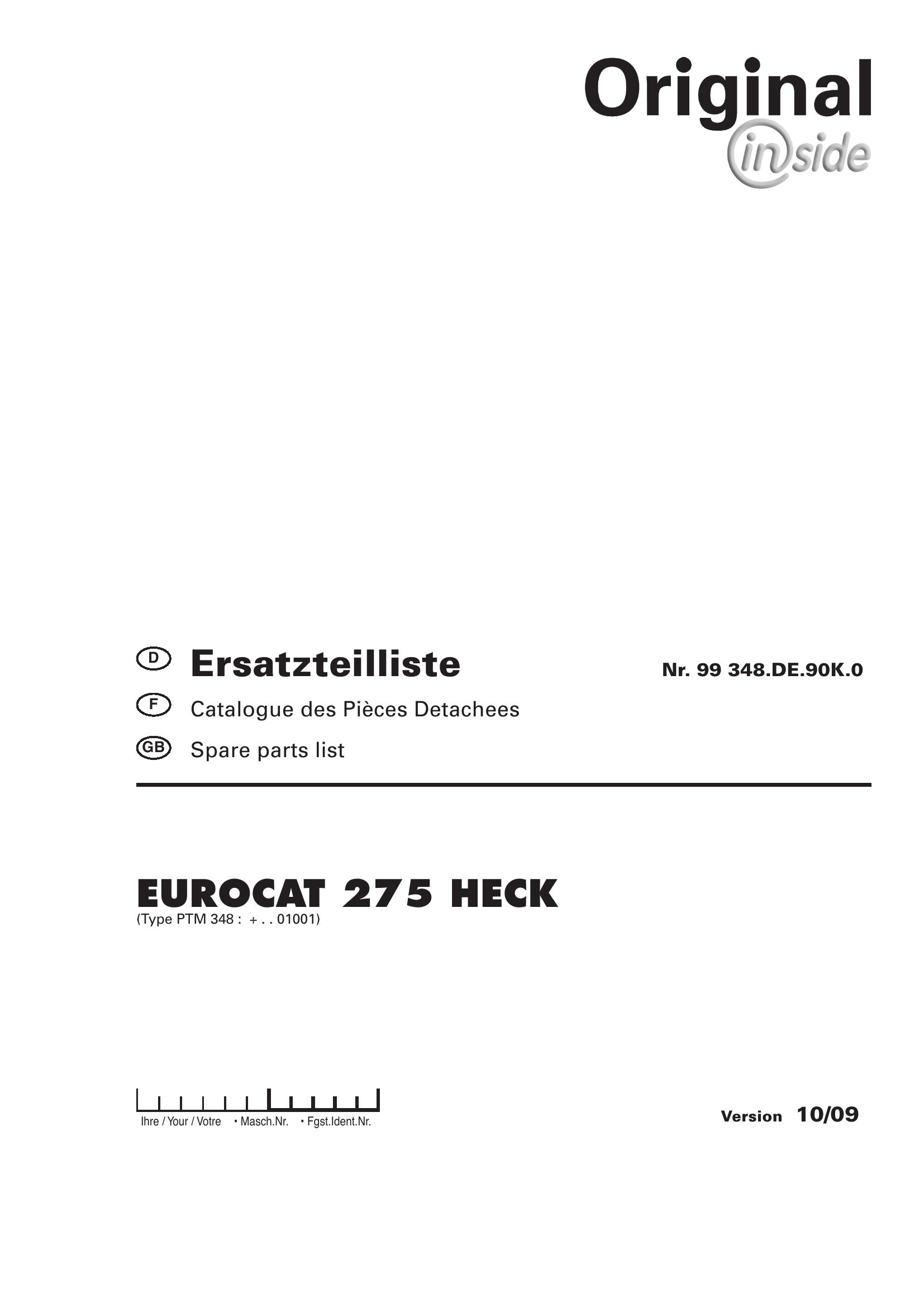 Pottinger Agricultural Eurocat 275 Heck Parts Catalog