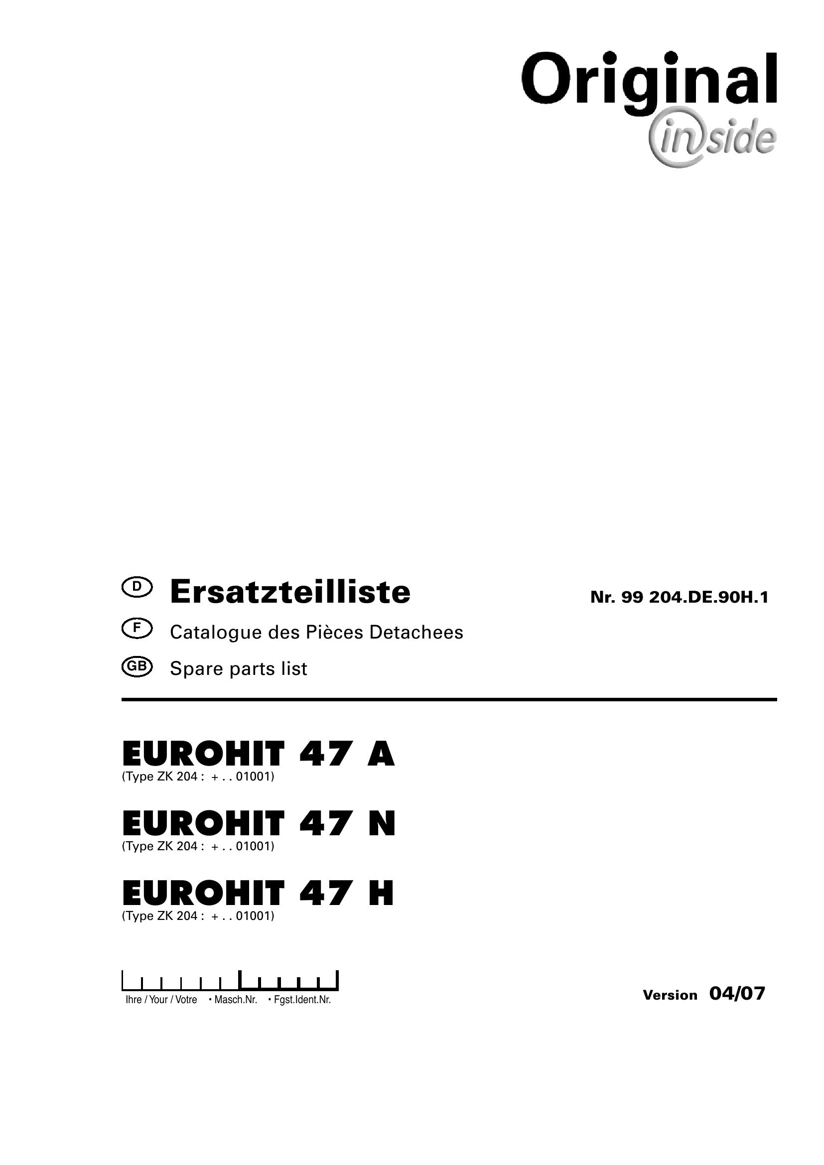 Pottinger Agricultural Eurohit 47 A N H Parts Catalog