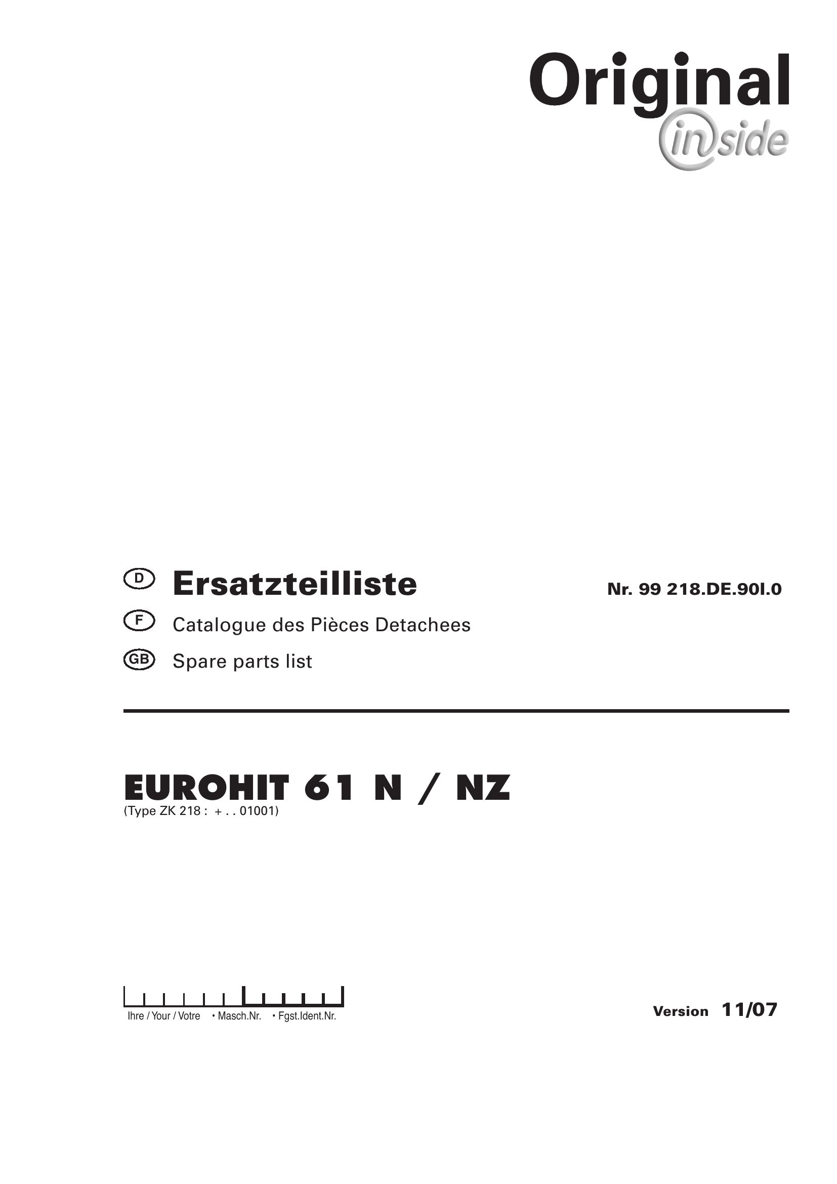 Pottinger Agricultural Eurohit 61 N NZ Parts Catalog