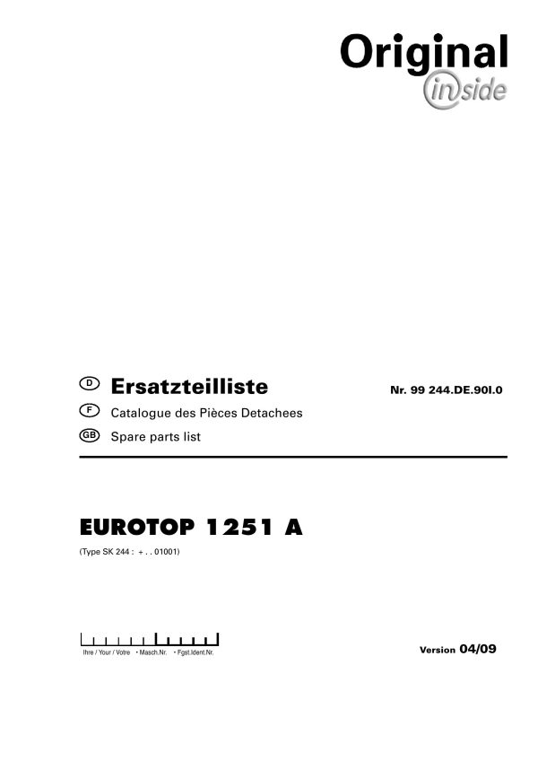 Pottinger Agricultural Eurotop 1251 A Parts Catalog