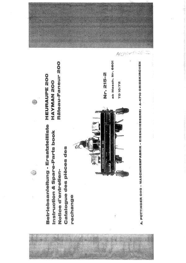 Pottinger Agricultural Heuraupe 200 Parts Catalog