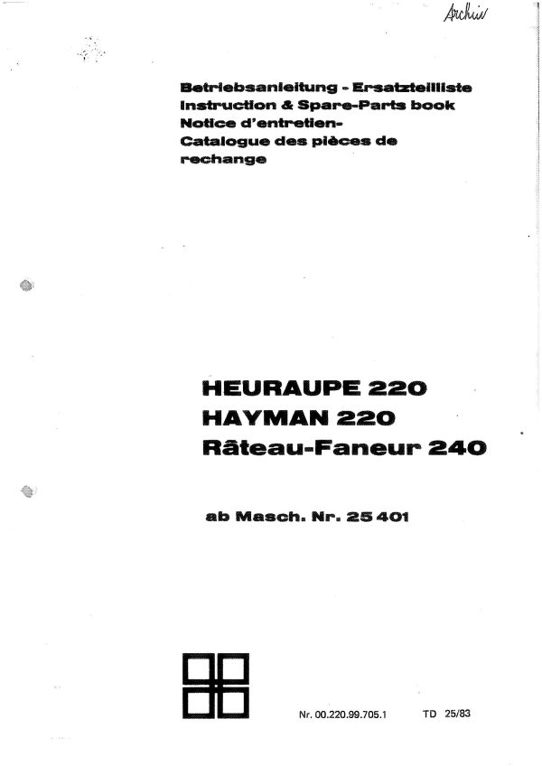 Pottinger Agricultural Heuraupe 220 Parts Catalog