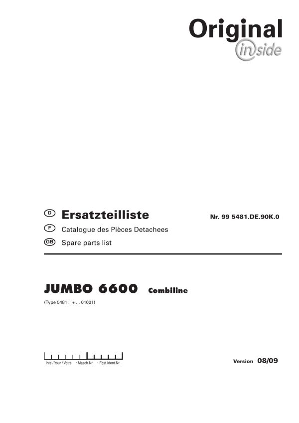 Pottinger Agricultural Jumbo 6600 Combiline Parts Catalog