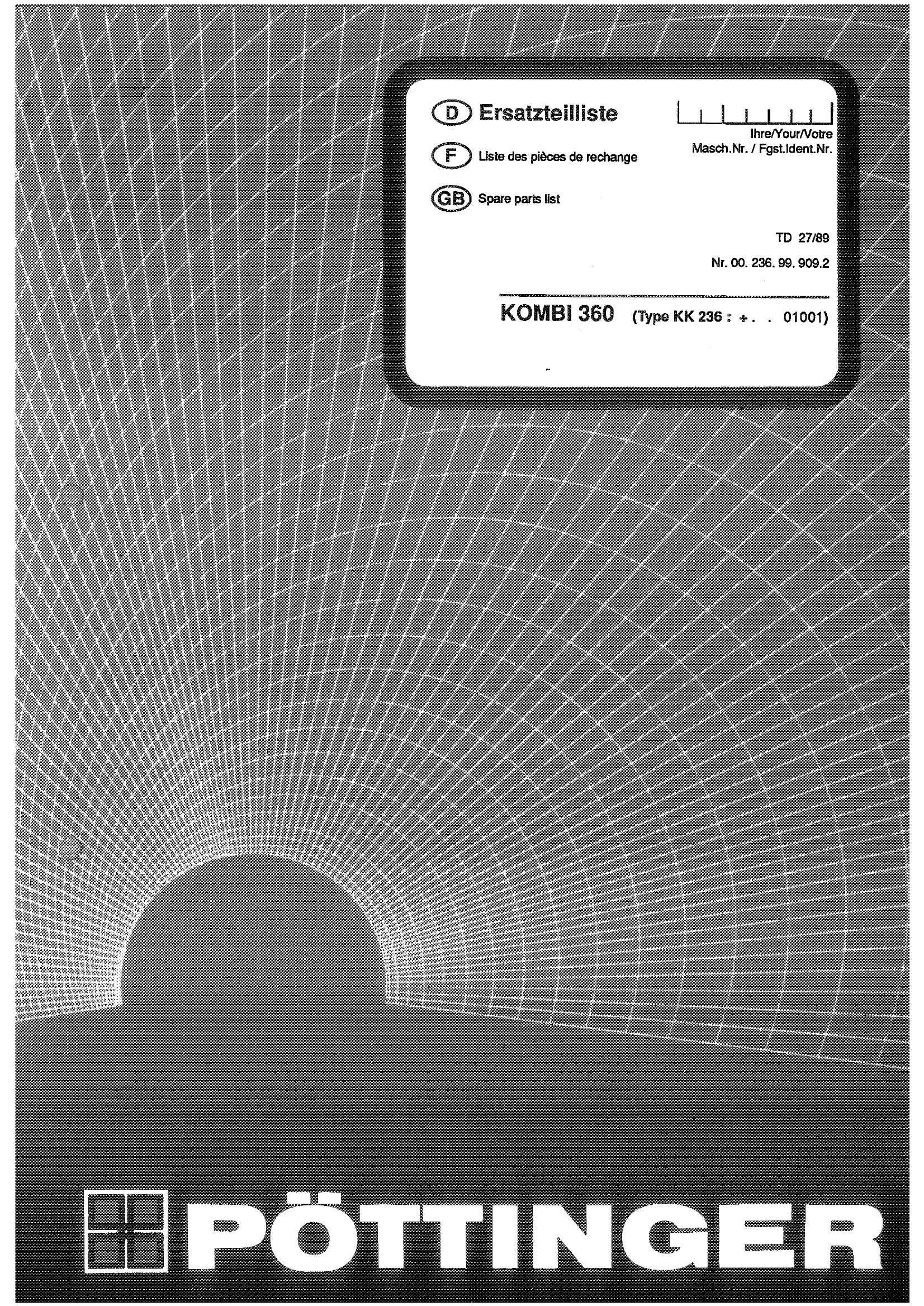 Pottinger Agricultural Kombi 360 Parts Catalog