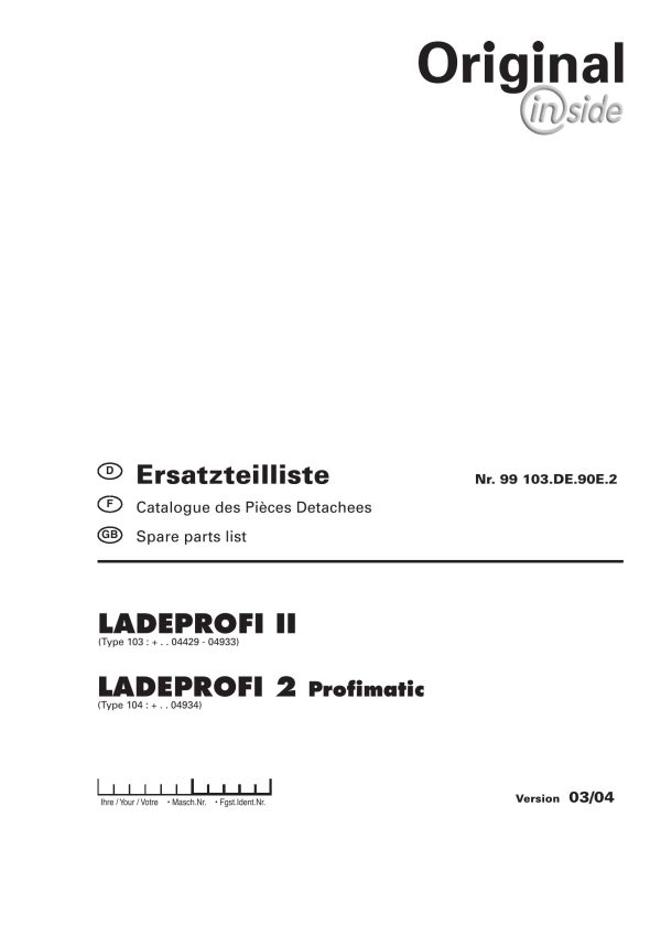 Pottinger Agricultural Ladeprofi II 2 Profimatic Parts Catalog