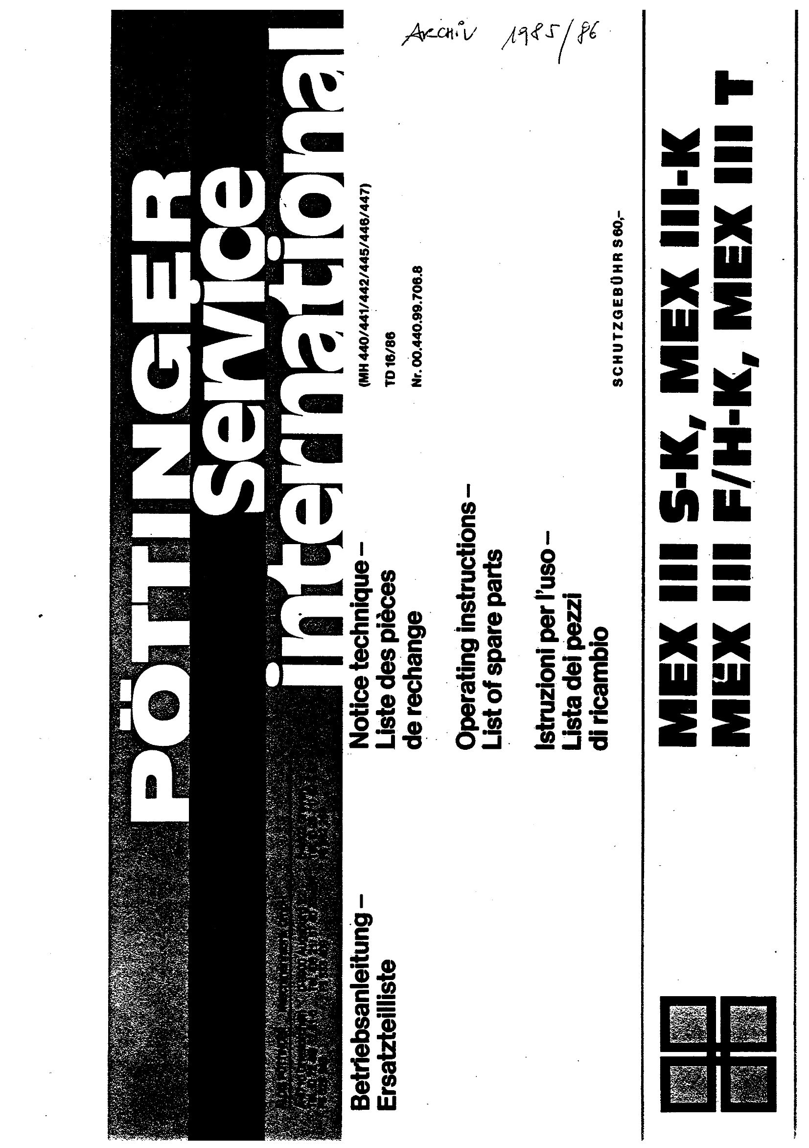 Pottinger Agricultural MEX III Operating Instruction Parts Catalog