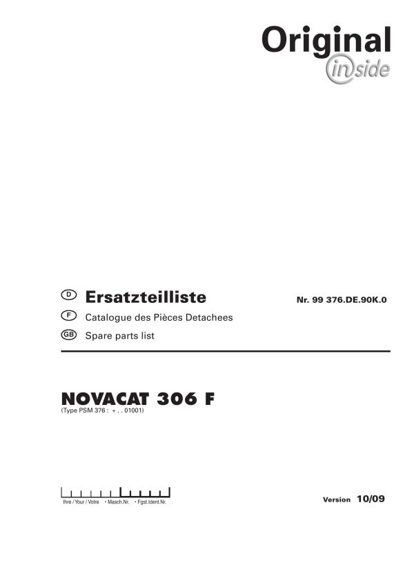 Pottinger Agricultural Novacat 306 F Parts Catalog