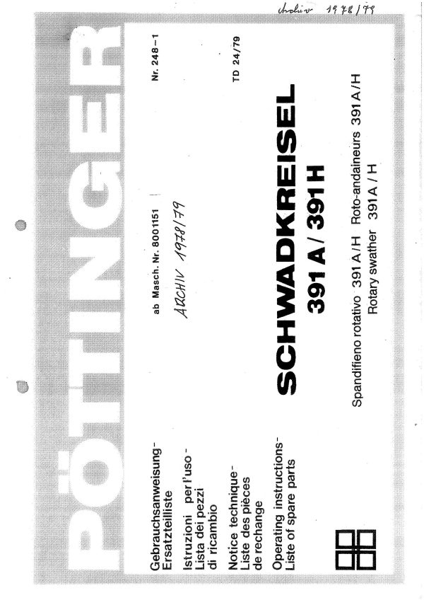 Pottinger Agricultural Schwadkreisel 391 Parts Catalog