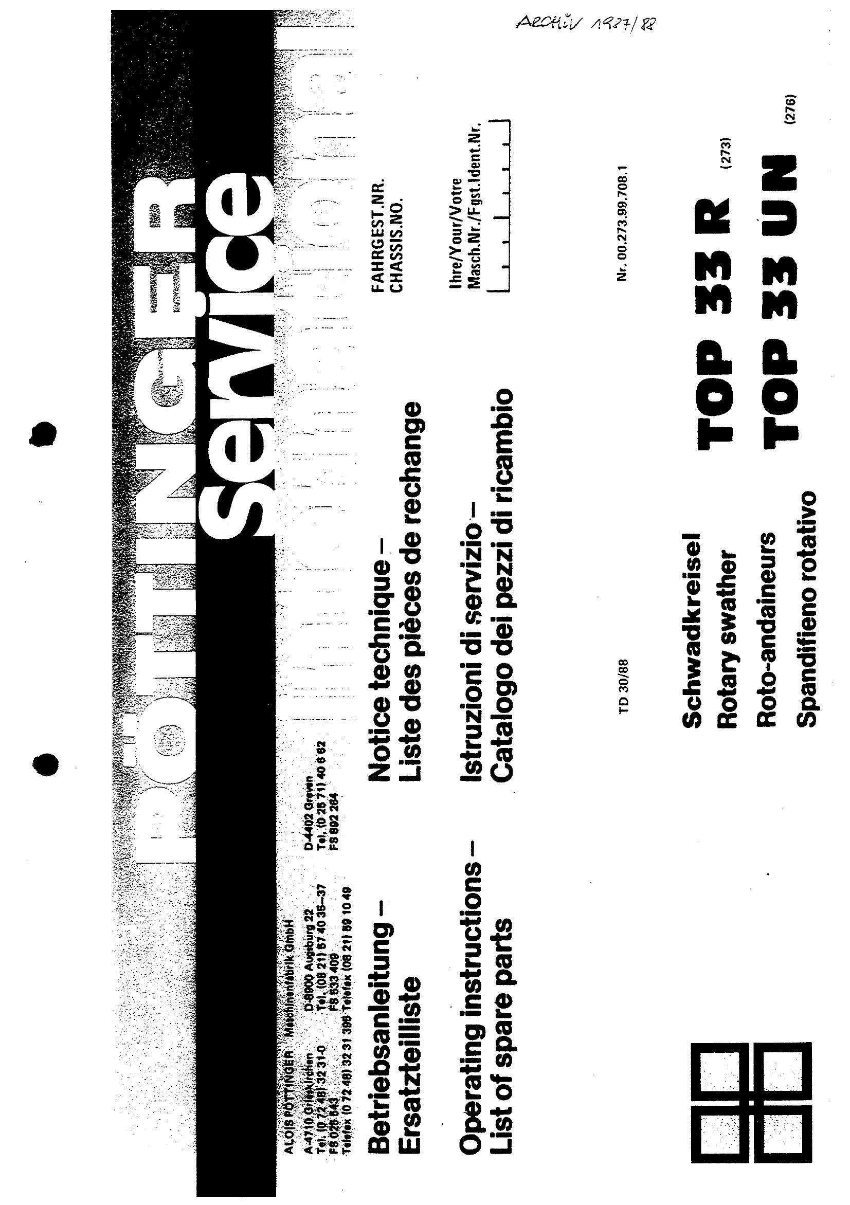 Pottinger Agricultural Top 33 R U N Parts Catalog