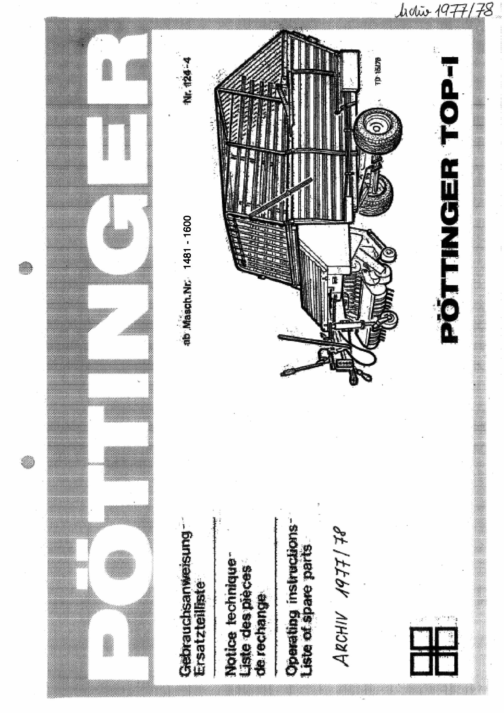 Pottinger Agricultural Top I Parts Catalog