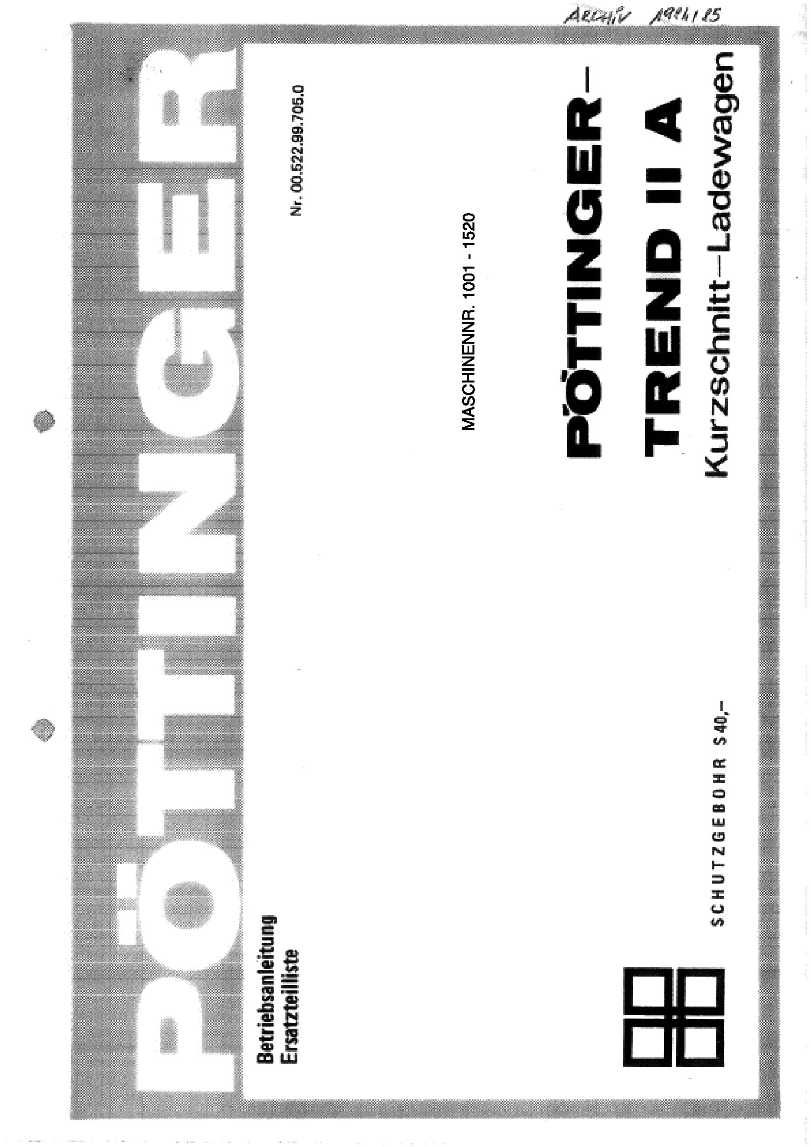 Pottinger Agricultural Trend II A Parts Catalog