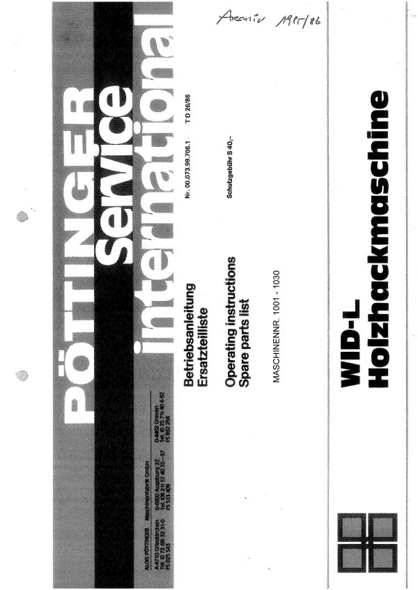 Pottinger Agricultural WID L Operation Instructions Parts Catalog