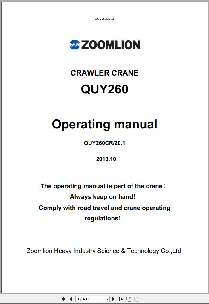 Zoomlion Crawler Crane QUY260 Operating Manual