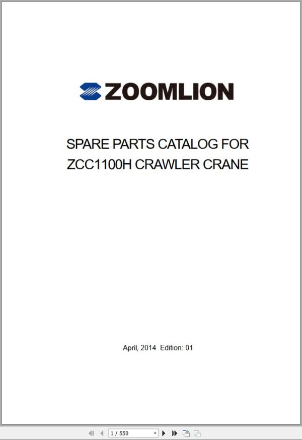 Zoomlion Crawler Crane ZCC1100H Parts Manual