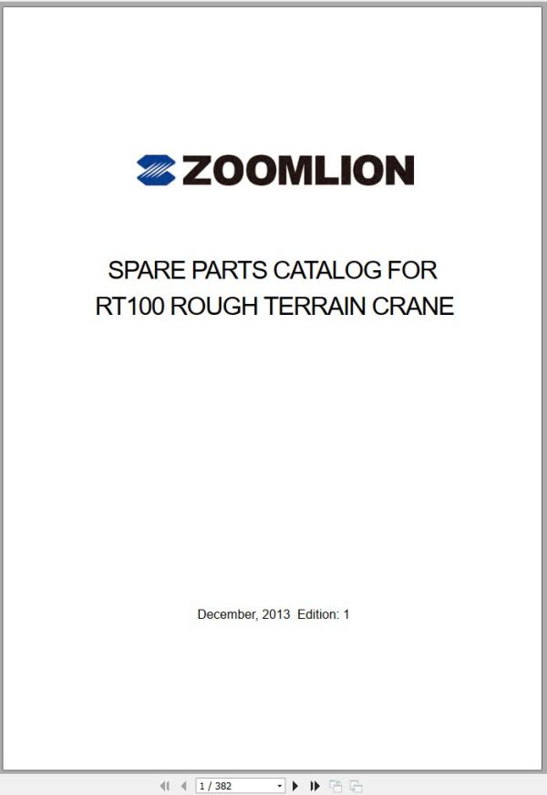 Zoomlion Rough Terrain Crane RT100 Parts Manual