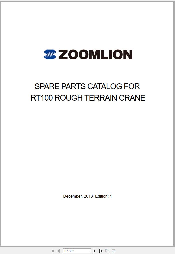Zoomlion Rough Terrain Crane RT100 Parts Manual
