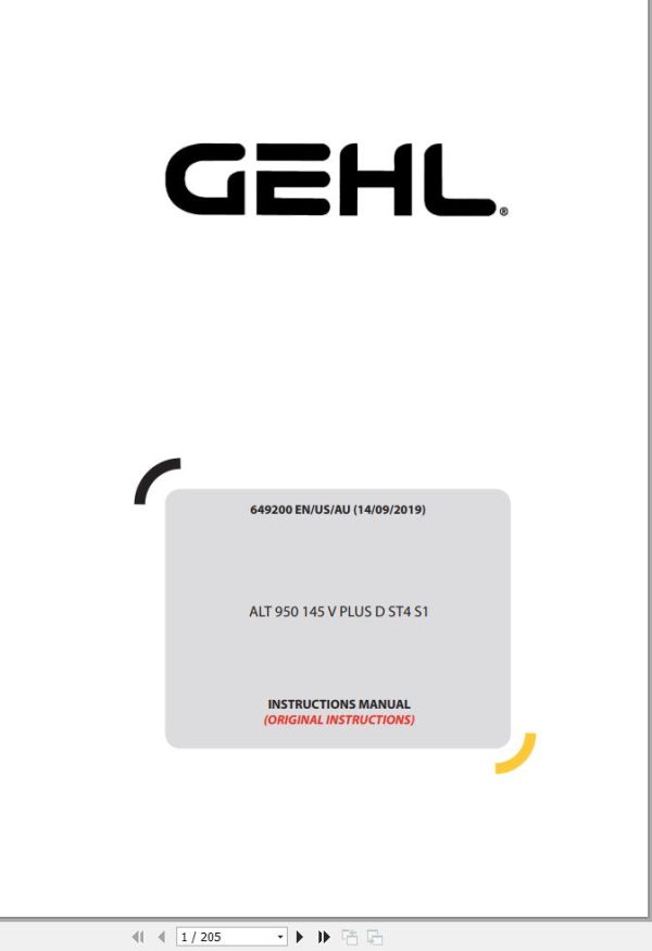 GEHL Wheel Loaders ALT950 145V PLUS DST4S1 Instructions Manual 649200