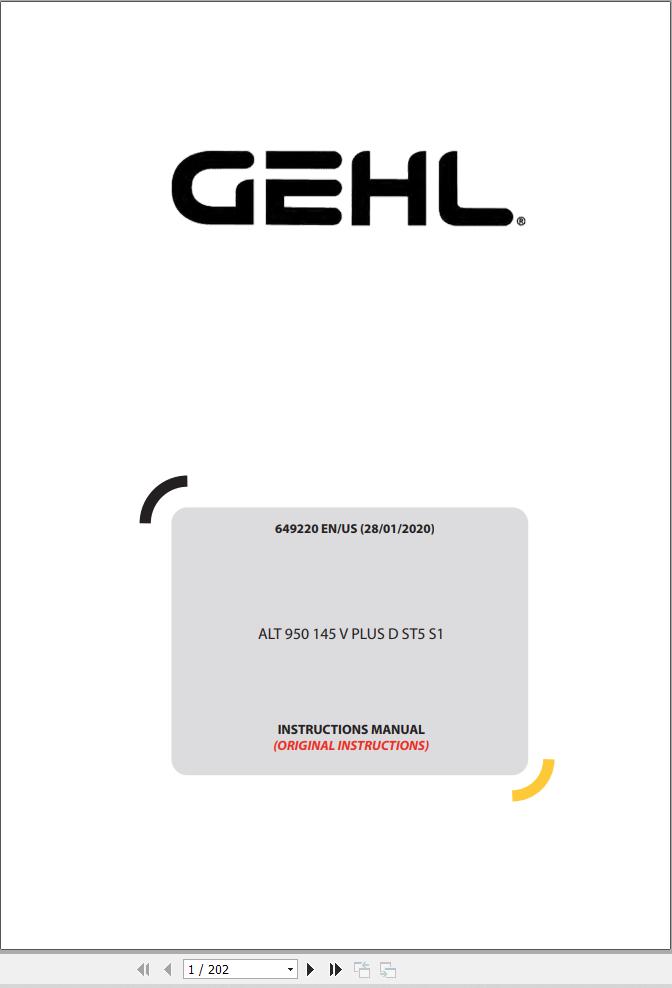 GEHL Wheel Loaders ALT950 145V PLUS DST5S1 Instructions Manual 649220