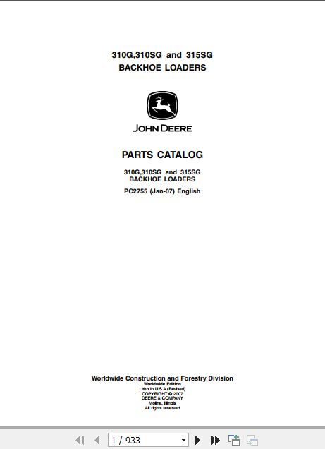 John Deere Backhoe Loader 310G 310SG 315SG Parts Catalog PC2755 1