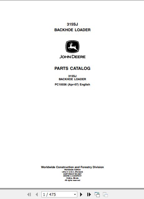 John Deere Backhoe Loader 315SJ Parts Catalog PC10036 1