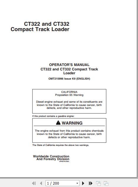 John Deere Compact Track Loader CT322 CT332 Operators Manual OMT215996 1