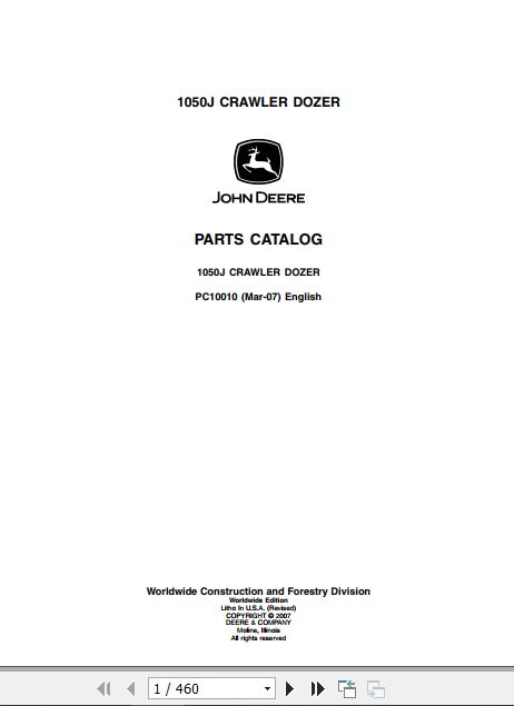 John Deere Crawler Dozer 1050J Parts Catalog PC10010 1