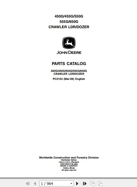 John Deere Crawler Dozer 450G 455G 550G 555G 650G Parts Catalog PC2154 1