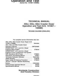John Deere Crawler Dozer 450J 550J 650J Operation And Test Manual TM10292 1