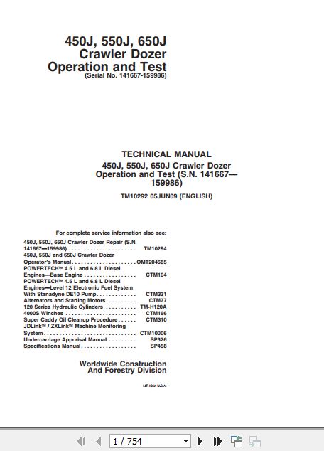 John Deere Crawler Dozer 450J 550J 650J Operation And Test Manual TM10292 1