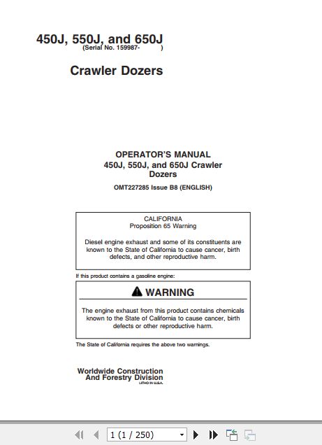 John Deere Crawler Dozer 450J 550J 650J Operators Manual OMT227285 1