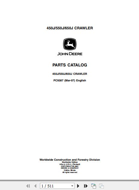 John Deere Crawler Dozer 450J 550J 650J Parts Catalog PC9387 1